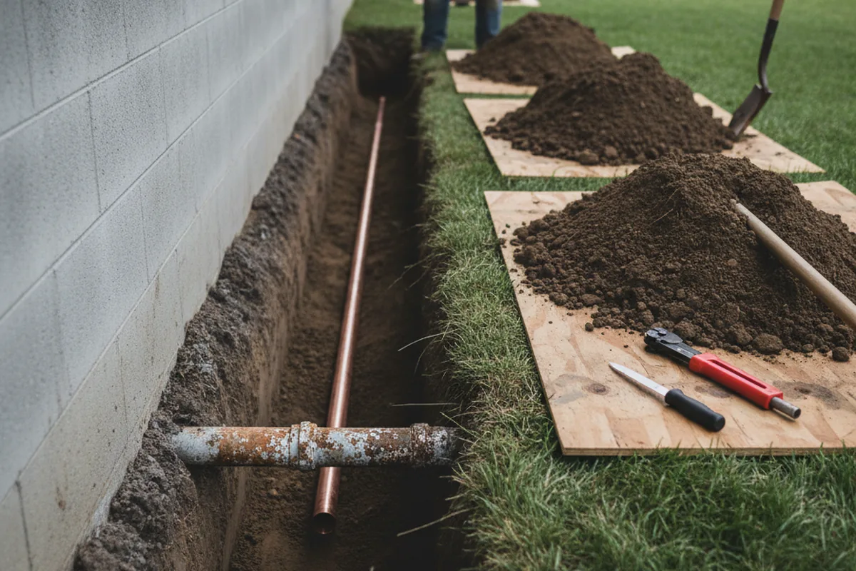Excavated water line trench during Water Softener Installation in Prides Crossing
